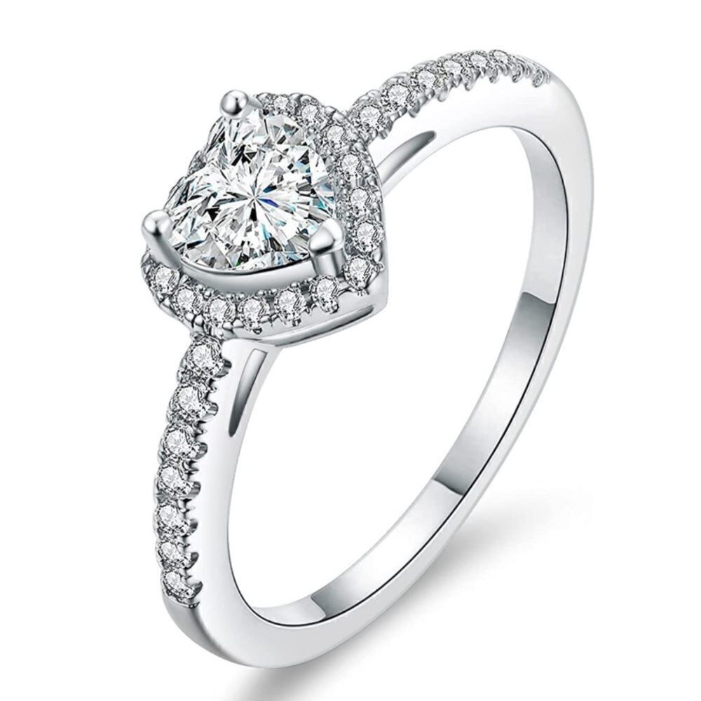 18K White Gold and White Diamond Cubic Zirconia Halo Heart Engagement Ring